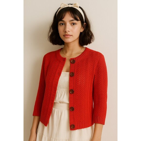 Jones New York Signature Women’s Red Open Knit Button Front Cardigan Sweater 100 - Picture 1 of 9